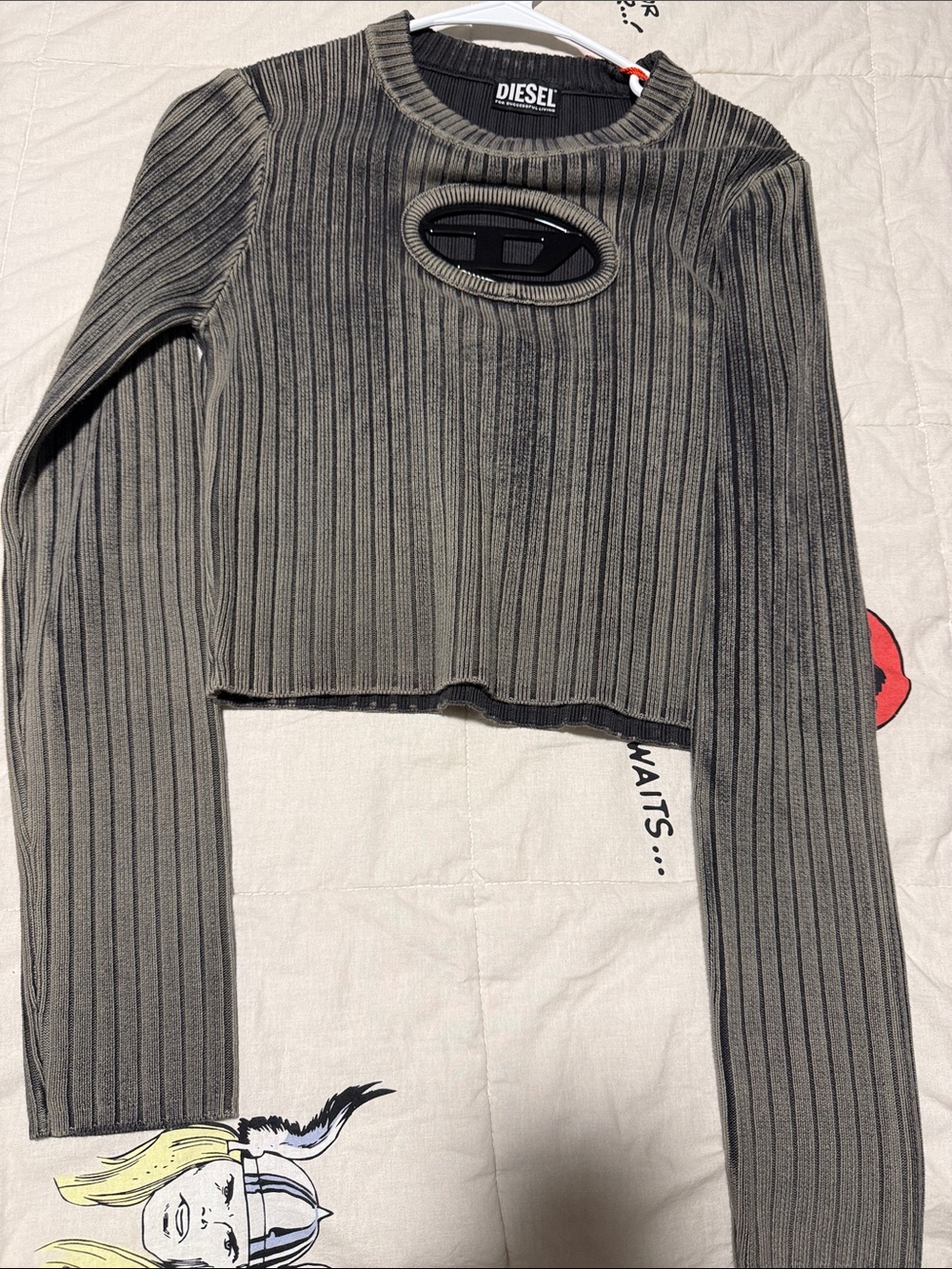 Diesel Olive Gray Ribbed Crop Sweater with Oval Cutout